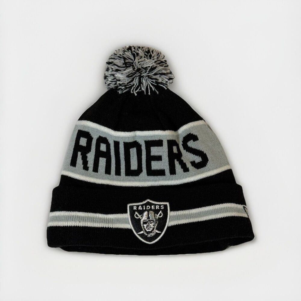 Las Vegas Raiders New Era Pom Beanie Hat Black Gray White NFL Winter Cap